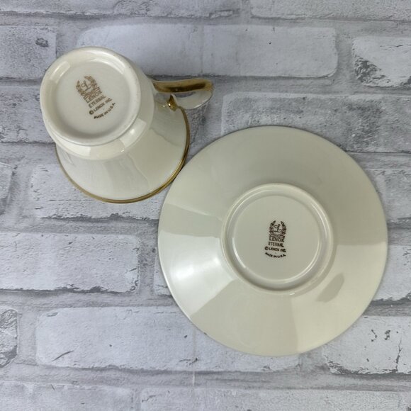 Lenox Fine China ETERNAL Footed Tea Cup 3” & Saucer Set Gold Rim Ivory - Picture 4 of 5